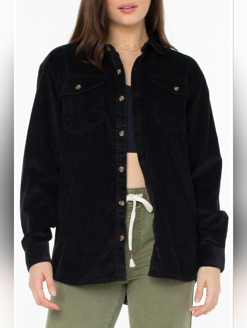 Roxy Let Go Corduroy Button-Up Shirt in Black Women's Size L